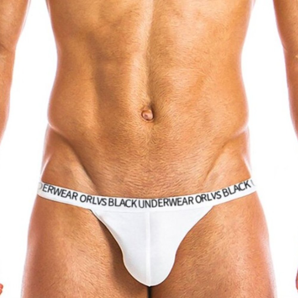 ORLVS MENS NEW WHITE MODAL WITH WHITE ELASTIC LOGO WAISTBAND THONG LARGE 1 PAIR